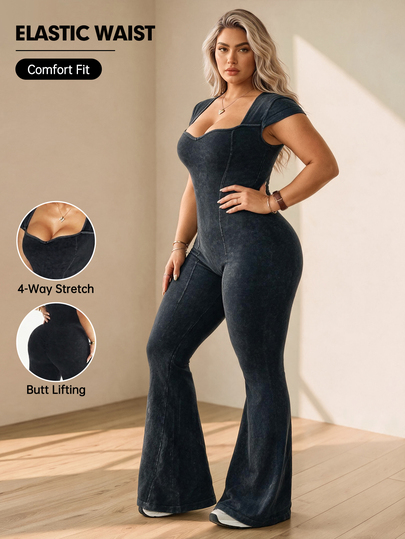 SHEIN Unity 1 pieza Mono largo acampanado para mujer talla grande, sin costuras, lavado mate, sexy, con escote corazón, manga corta, capa base para yoga, fitness, entrenamiento, baile, pilates y gimnasia