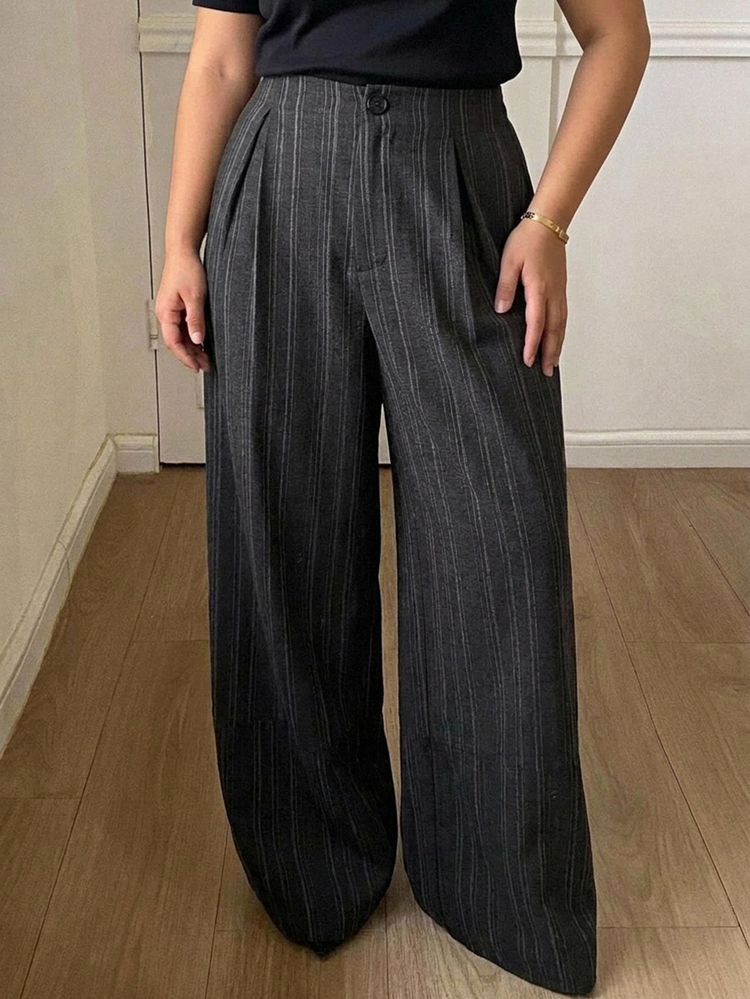 Dazy Plus Autumn Spring Loose Business Casual Striped Suit Pants Straight Wide Leg Trousers Commute Elegant Long Pants - Dark Grey - View 1