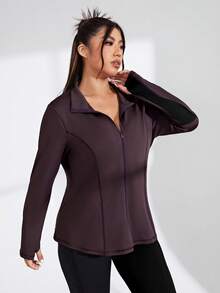 Velisys Velisys Plus Size Minimalist Topstitched Zipper Front Thumb Hole Sports Jacket Fall - Coffee Brown - View 6