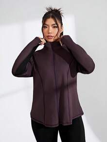 Velisys Velisys Plus Size Minimalist Topstitched Zipper Front Thumb Hole Sports Jacket Fall - Coffee Brown - View 5