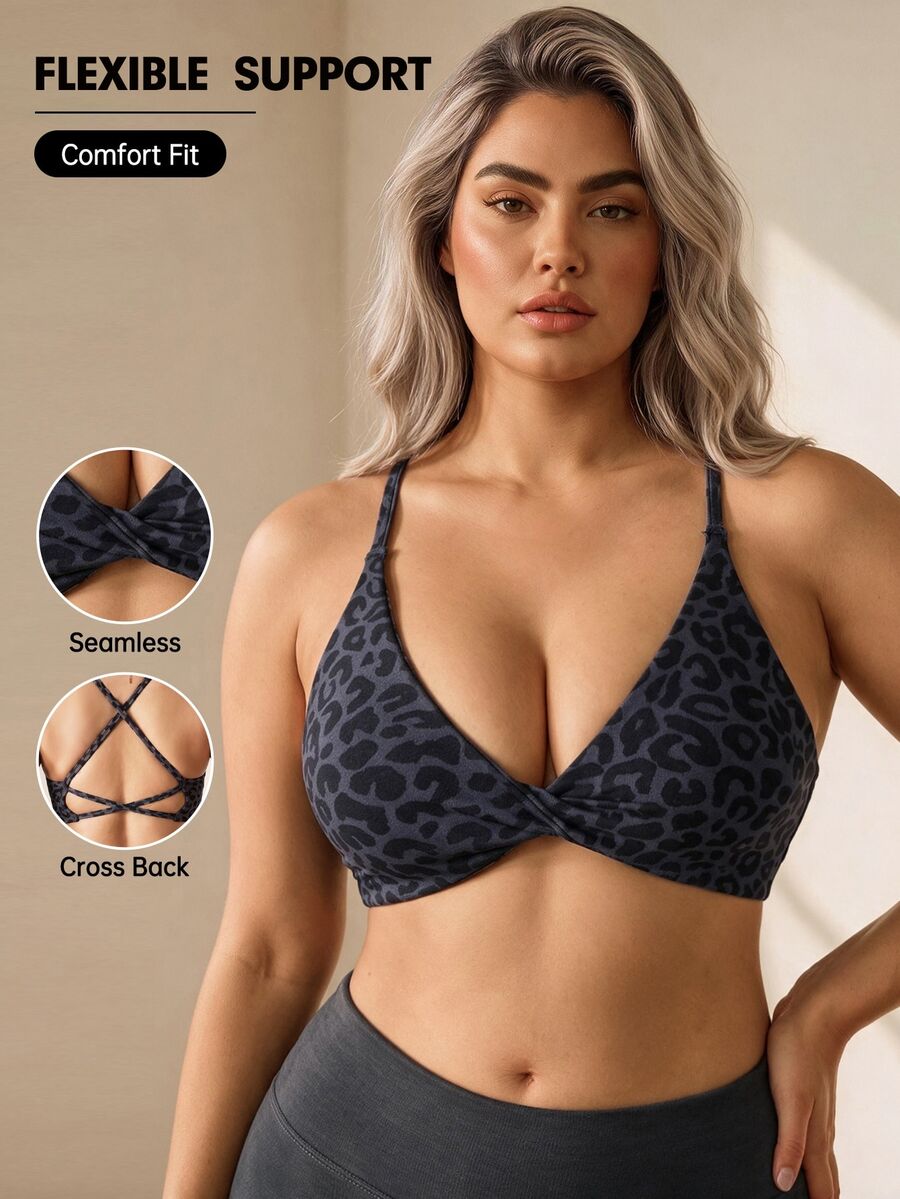 SHEIN Rhythm Era Women's Plus Size Black Twist Front Sports Bra Gym Sports Summer - Black - View 1