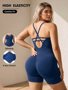 SHEIN Rhythm Era Plus Size Women Solid Color Criss Cross Back Strap Sports Romper Sports Gym Navy Blue Summer - Navy Blue - View 1