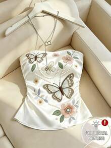 Selianne [Printed Design] Summer Elegant Butterfly & Floral Print Tube Top, French Retro Fitted Bandeau Top For Women - Multicolor - View 6