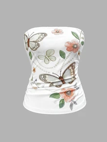 Selianne [Printed Design] Summer Elegant Butterfly & Floral Print Tube Top, French Retro Fitted Bandeau Top For Women - Multicolor - View 4