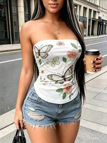 Selianne [Printed Design] Summer Elegant Butterfly & Floral Print Tube Top, French Retro Fitted Bandeau Top For Women - Multicolor - View 5