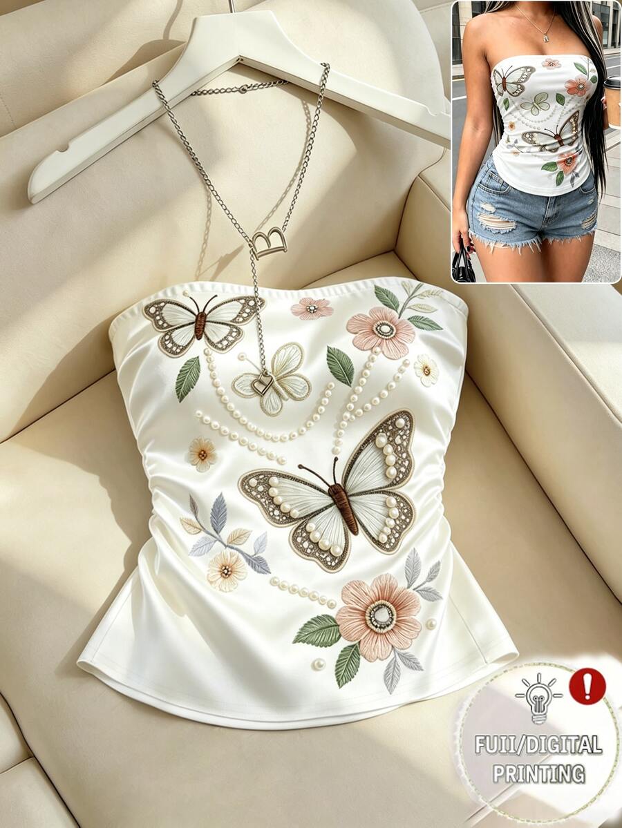 Selianne [Printed Design] Summer Elegant Butterfly & Floral Print Tube Top, French Retro Fitted Bandeau Top For Women - Multicolor - View 1