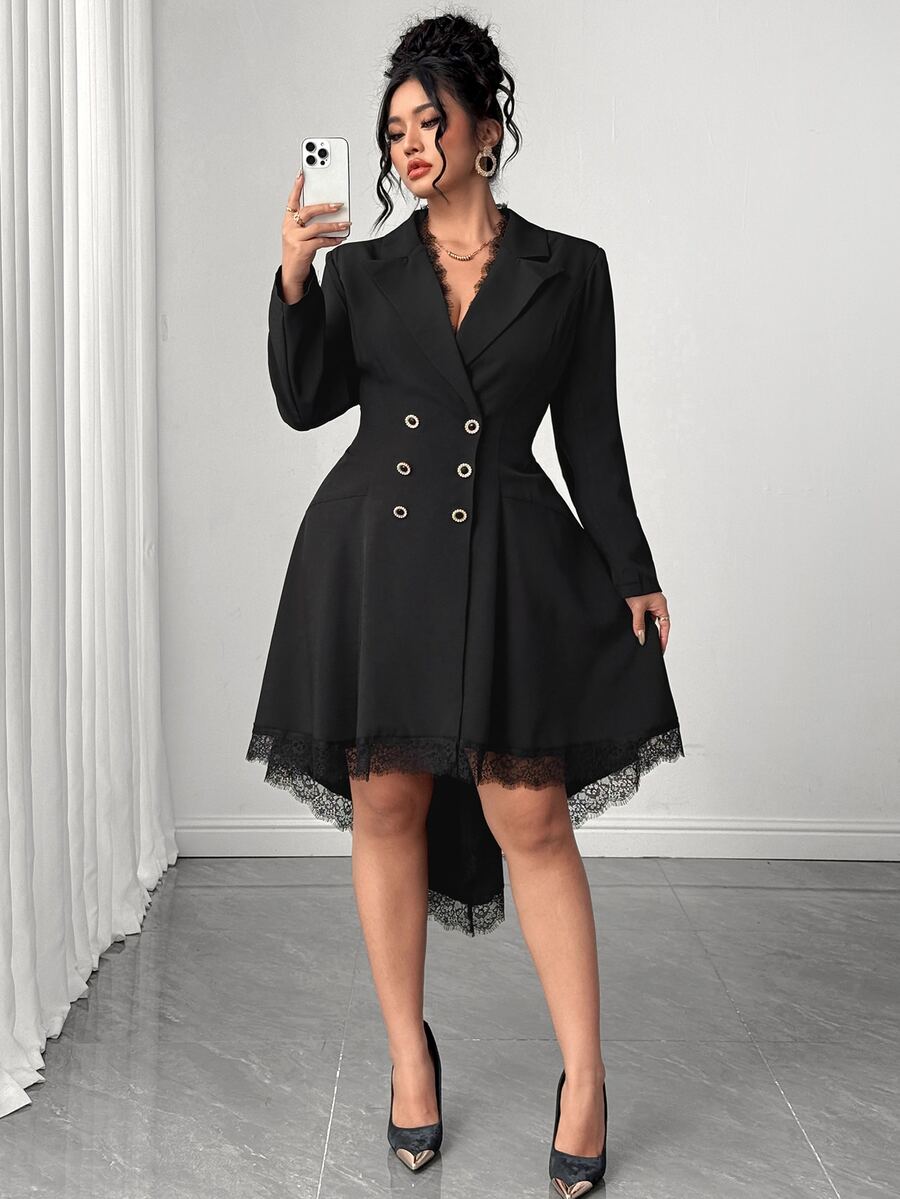 Elenzga Plus Size Women's Premium Vintage Black Dress With Blazer Lapel Design, Lace Patchwork Hem, Rhinestone Buttons, Cinched Waist And Asymmetrical Swallowtail Skirt - Black - View 1