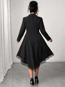 Elenzga Plus Size Women's Premium Vintage Black Dress With Blazer Lapel Design, Lace Patchwork Hem, Rhinestone Buttons, Cinched Waist And Asymmetrical Swallowtail Skirt - Black - View 2