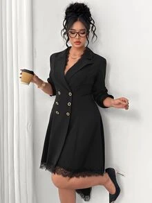 Elenzga Plus Size Women's Premium Vintage Black Dress With Blazer Lapel Design, Lace Patchwork Hem, Rhinestone Buttons, Cinched Waist And Asymmetrical Swallowtail Skirt - Black - View 8