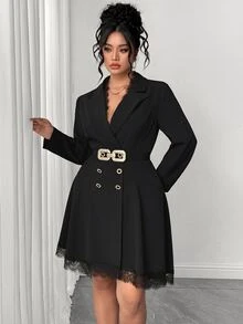 Elenzga Plus Size Women's Premium Vintage Black Dress With Blazer Lapel Design, Lace Patchwork Hem, Rhinestone Buttons, Cinched Waist And Asymmetrical Swallowtail Skirt - Black - View 6