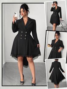 Elenzga Plus Size Women's Premium Vintage Black Dress With Blazer Lapel Design, Lace Patchwork Hem, Rhinestone Buttons, Cinched Waist And Asymmetrical Swallowtail Skirt - Black - View 5