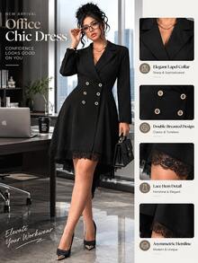 Elenzga Plus Size Women's Premium Vintage Black Dress With Blazer Lapel Design, Lace Patchwork Hem, Rhinestone Buttons, Cinched Waist And Asymmetrical Swallowtail Skirt - Black - View 4