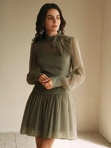Anewsta Essential Women's Elegant French Vintage Palace Style Simple Waist Accentuating Short Dress - Olive Green - View 6