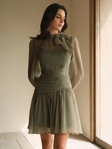 Anewsta Essential Women's Elegant French Vintage Palace Style Simple Waist Accentuating Short Dress - Olive Green - View 7