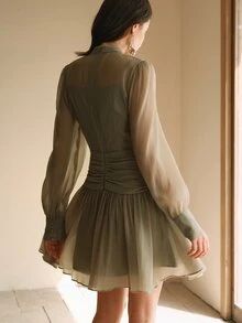 Anewsta Essential Women's Elegant French Vintage Palace Style Simple Waist Accentuating Short Dress - Olive Green - View 3
