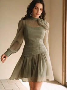 Anewsta Essential Women's Elegant French Vintage Palace Style Simple Waist Accentuating Short Dress - Olive Green - View 8
