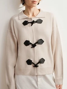 Briarwyn Autumn/Winter Women's Fashion French MinimalistChinese Knot Button Ribbed Patchwork Winter Sweater Black And Beige Sweater - Apricot - View 3