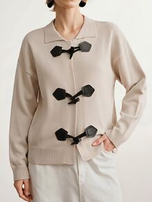 Briarwyn Autumn/Winter Women's Fashion French MinimalistChinese Knot Button Ribbed Patchwork Winter Sweater Black And Beige Sweater - Apricot - View 6