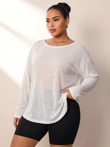 Velisys Velisys Tank Top Olahraga Ukuran Besar, Bahan Bambu Slub Mesh, Model Fashion, Leher Lebar, Bahu Setengah, Lengan Panjang, Penutup Tubuh Longgar - Hitam - View 6