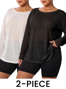 Velisys Velisys Tank Top Olahraga Ukuran Besar, Bahan Bambu Slub Mesh, Model Fashion, Leher Lebar, Bahu Setengah, Lengan Panjang, Penutup Tubuh Longgar - Hitam - View 3