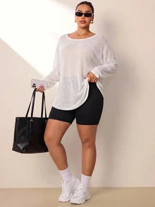 Velisys Velisys Tank Top Olahraga Ukuran Besar, Bahan Bambu Slub Mesh, Model Fashion, Leher Lebar, Bahu Setengah, Lengan Panjang, Penutup Tubuh Longgar - Hitam - View 4