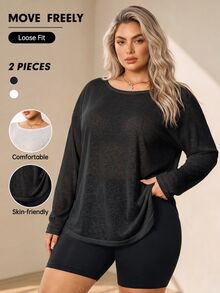 Velisys Velisys Tank Top Olahraga Ukuran Besar, Bahan Bambu Slub Mesh, Model Fashion, Leher Lebar, Bahu Setengah, Lengan Panjang, Penutup Tubuh Longgar - Hitam - View 1
