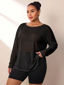 Velisys Velisys Tank Top Olahraga Ukuran Besar, Bahan Bambu Slub Mesh, Model Fashion, Leher Lebar, Bahu Setengah, Lengan Panjang, Penutup Tubuh Longgar - Hitam - View 5
