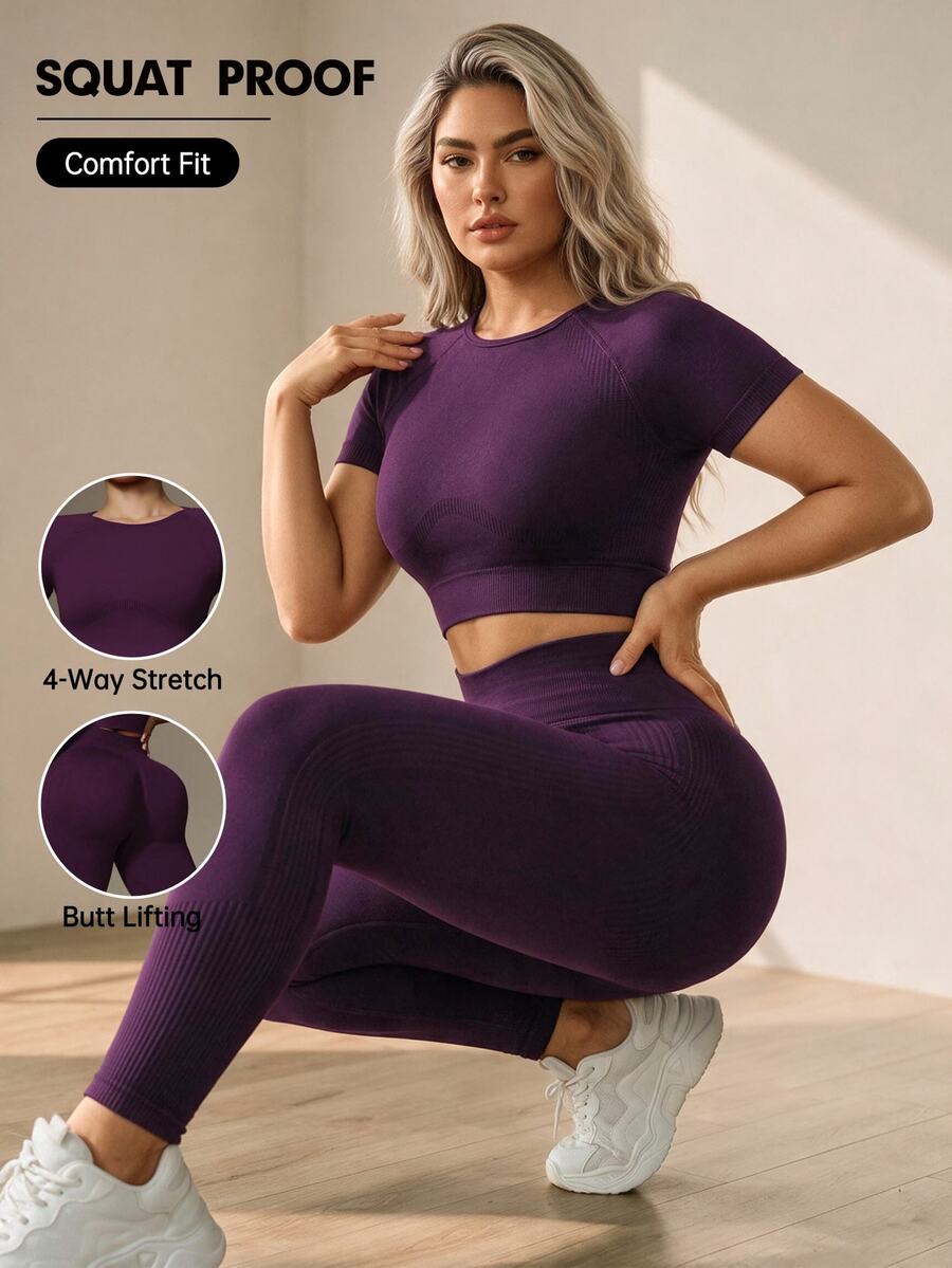 Rhythm Era Women Plus Size Round Neck Short Sleeve Top And Pants Sportswear Set Workout Women Sets
