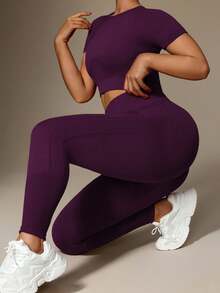 Rhythm Era Women Plus Size Round Neck Short Sleeve Top And Pants Sportswear Set Workout Women Sets - Purple - View 4
