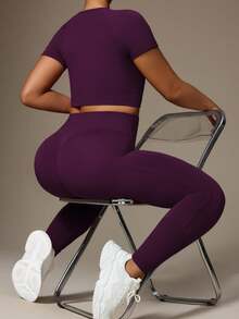 Rhythm Era Women Plus Size Round Neck Short Sleeve Top And Pants Sportswear Set Workout Women Sets - Purple - View 8