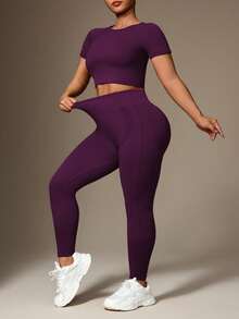 Rhythm Era Women Plus Size Round Neck Short Sleeve Top And Pants Sportswear Set Workout Women Sets - Purple - View 6