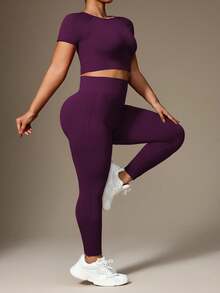 Rhythm Era Women Plus Size Round Neck Short Sleeve Top And Pants Sportswear Set Workout Women Sets - Purple - View 5