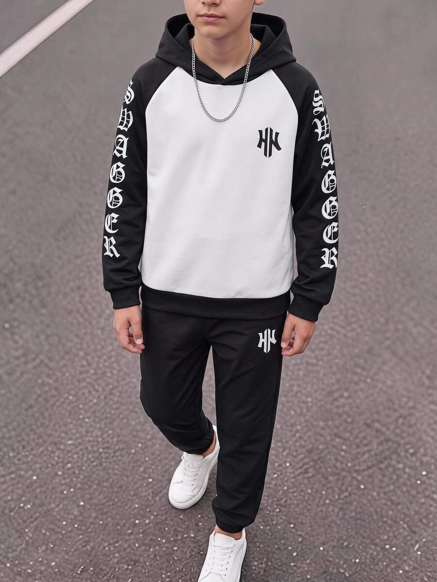 SHEIN 兒童青少年男孩字母印花插肩袖長袖秋季連帽衛衣與運動長褲休閒套裝 - 彩色 - 查看 1