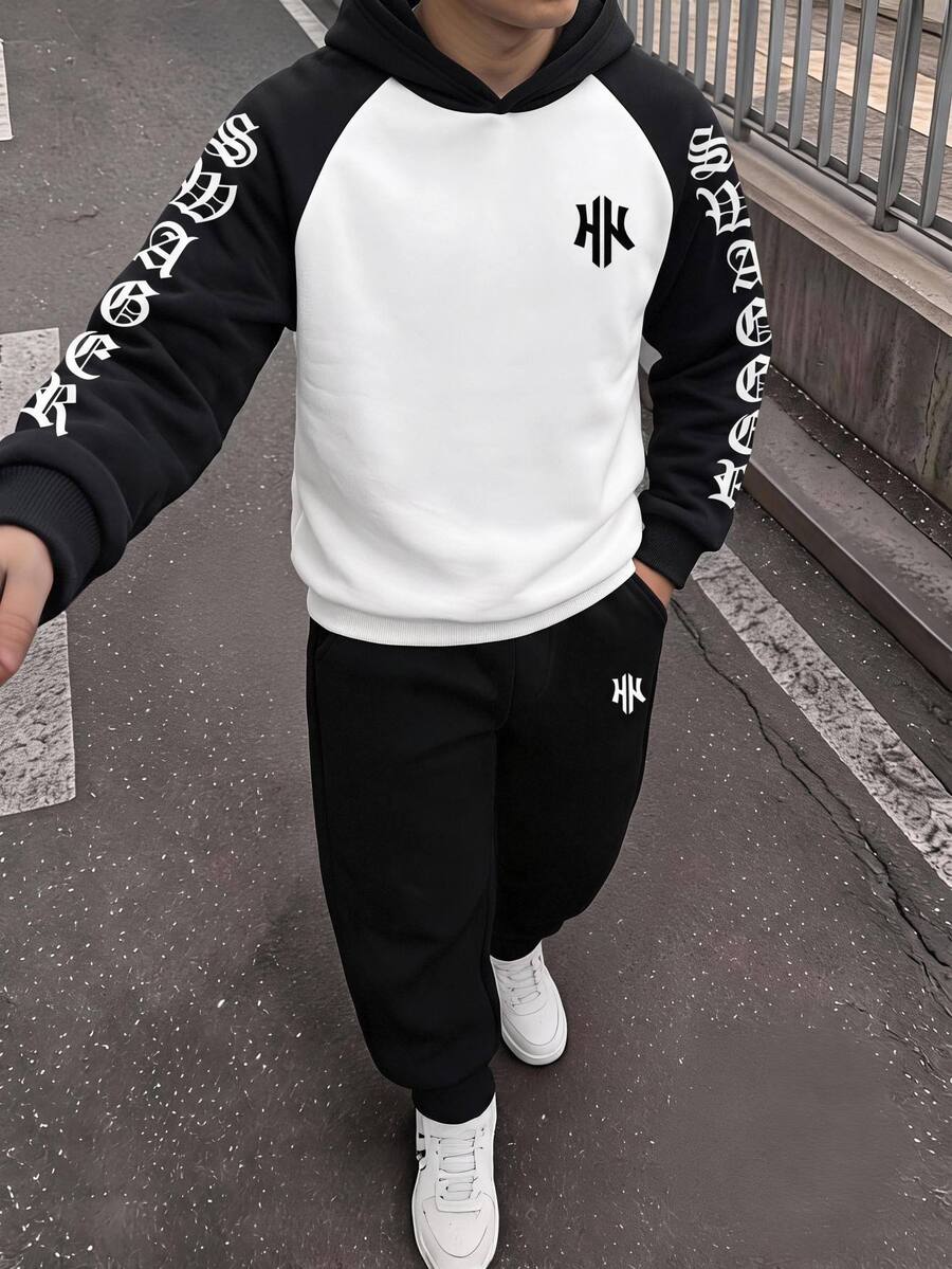 SHEIN Kids Tween Boy Letter Print Raglan Long Sleeve Autumn Hoodie And Sweatpants Casual Set - Multicolor - View 1