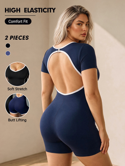 SHEIN Rhythm Era Women Plus Size Short Sleeve One-Piece Jumpsuit 2pcs Set, Yoga Fitness Running Workout Sexy Slimming Daily Gym Yoga Studio