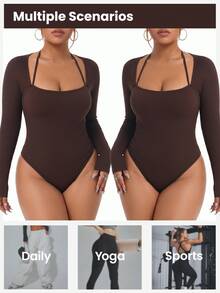 SHEIN Rhythm Era Women's Plus Size Solid Color Fitted Versatile Daily Wear Sports Jumpsuit Winter - Brown - View 6