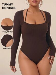 SHEIN Rhythm Era Women's Plus Size Solid Color Fitted Versatile Daily Wear Sports Jumpsuit Winter - Brown - View 3