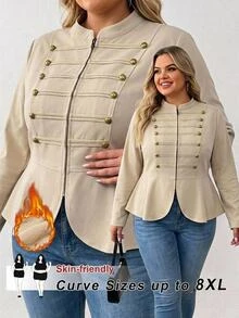 SHEIN CURVE+ 大尺碼 22W 秋冬新款時尚復古鈕扣裝飾西裝外套，適合優雅通勤、假日派對宴會，適合 5XL 大尺碼女性 - 卡其色 - 查看 1