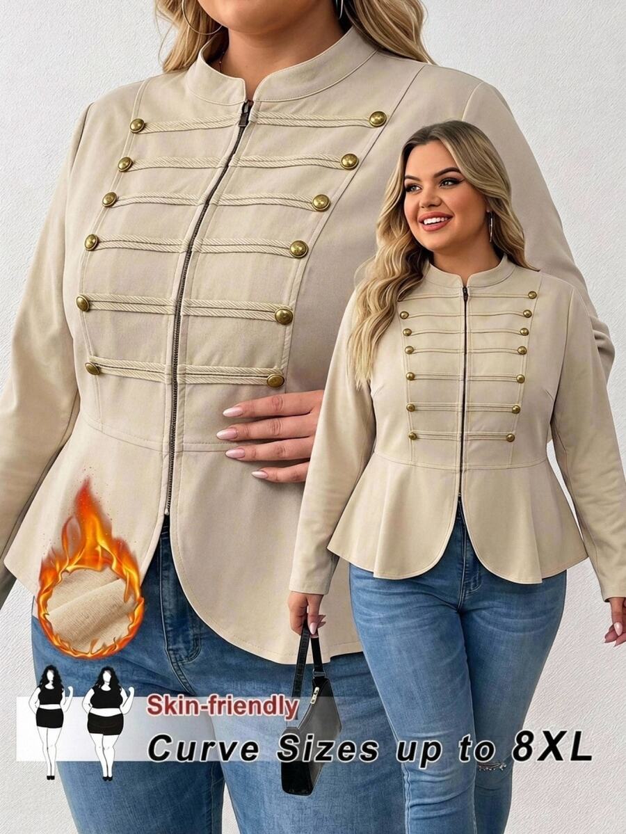 SHEIN CURVE+ 大尺碼 22W 秋冬新款時尚復古鈕扣裝飾西裝外套,適合優雅通勤、假日派對宴會,適合 5XL 大尺碼女性 - 卡其色 - 查看 1