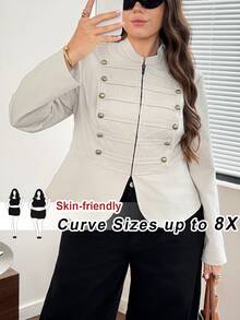 SHEIN CURVE+ 大尺碼 22W 秋冬新款時尚復古鈕扣裝飾西裝外套，適合優雅通勤、假日派對宴會，適合 5XL 大尺碼女性 - 卡其色 - 查看 8
