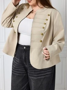 SHEIN CURVE+ 大尺碼 22W 秋冬新款時尚復古鈕扣裝飾西裝外套，適合優雅通勤、假日派對宴會，適合 5XL 大尺碼女性 - 卡其色 - 查看 3