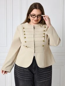 SHEIN CURVE+ 大尺碼 22W 秋冬新款時尚復古鈕扣裝飾西裝外套，適合優雅通勤、假日派對宴會，適合 5XL 大尺碼女性 - 卡其色 - 查看 5