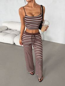 SHEIN PETITE Women's Casual Home Striped Camisole Top & Long Pants Two Pieces Set - Multicolor - View 9