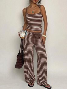SHEIN PETITE Women's Casual Home Striped Camisole Top & Long Pants Two Pieces Set - Multicolor - View 3