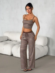 SHEIN PETITE Women's Casual Home Striped Camisole Top & Long Pants Two Pieces Set - Multicolor - View 8