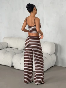 SHEIN PETITE Women's Casual Home Striped Camisole Top & Long Pants Two Pieces Set - Multicolor - View 2