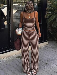 SHEIN PETITE Women's Casual Home Striped Camisole Top & Long Pants Two Pieces Set - Multicolor - View 1