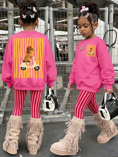 Baby Girl Casual Vintage Pink Dachshund Print, Minimalist Loose Round Neck Sweatshirt And Elastic Waist Long Pants Set, Suitable For Autumn/Winter Fleece Lining, Outings, Outdoor Picnic, Street Style