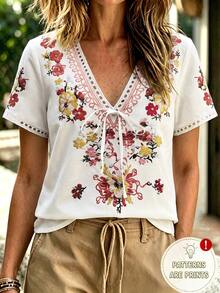 Wandoria [Printed Design] Floral Print Casual Boho Vacation Shirt, Vacation Summer - White - View 5