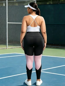 SHEIN Sports 大尺碼印花網布拼接瑜伽運動緊身褲 - 黑色 - 查看 2